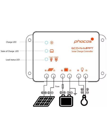Régulateur de charge solaire 15 A Eco-N-MPPT PHOCOS Installation