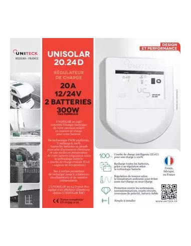 UNISOLAR 20.24 D - Régulateur de charge solaire pour deux batteries 24 V 20 A UNITECK