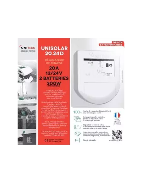 UNISOLAR 20.24 D - Régulateur de charge solaire pour deux batteries 24 V 20 A UNITECK