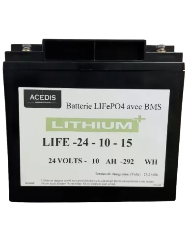 Batterie Lithium+ ACEDIS LIFE24-10-15 24 V 10 Ah avec BMS 15 A face avant