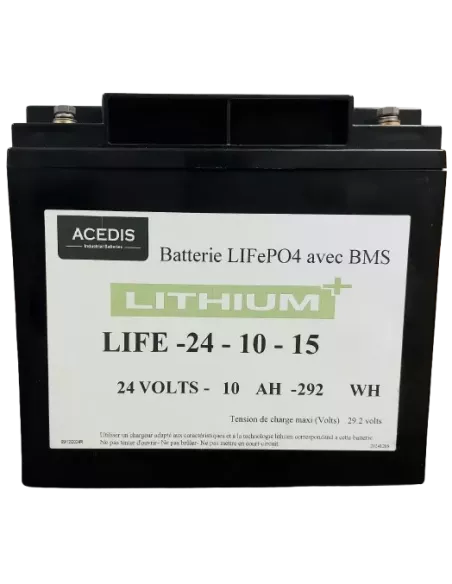 Batterie Lithium+ ACEDIS LIFE24-10-15 24 V 10 Ah avec BMS 15 A face avant