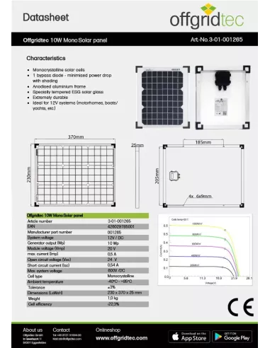 Panneau solaire monocristallin 12 V 10 W Offgridtec