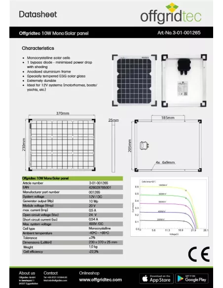 Panneau solaire monocristallin 12 V 10 W Offgridtec