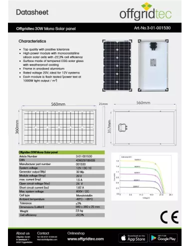 Panneau solaire monocristallin 12 V 30 W Offgridtec