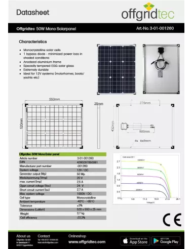 Panneau solaire monocristallin 12 V 50 W Offgridtec