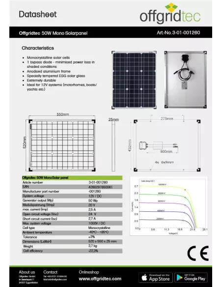 Panneau solaire monocristallin 12 V 50 W Offgridtec