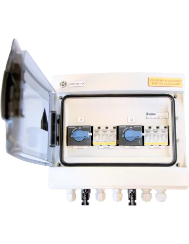Coffret de protection DC 1000 V, 25 A, 2 champs, face avant ouverte