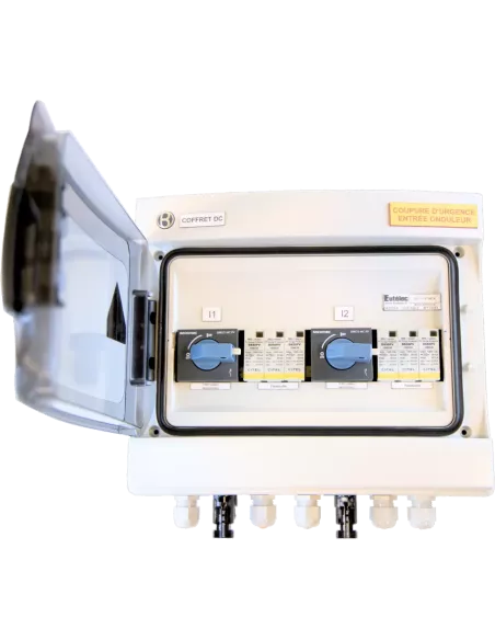 Coffret de protection DC 1000 V, 25 A, 2 champs, face avant ouverte