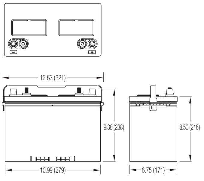 Dimensions des batteries Crown 27DC115