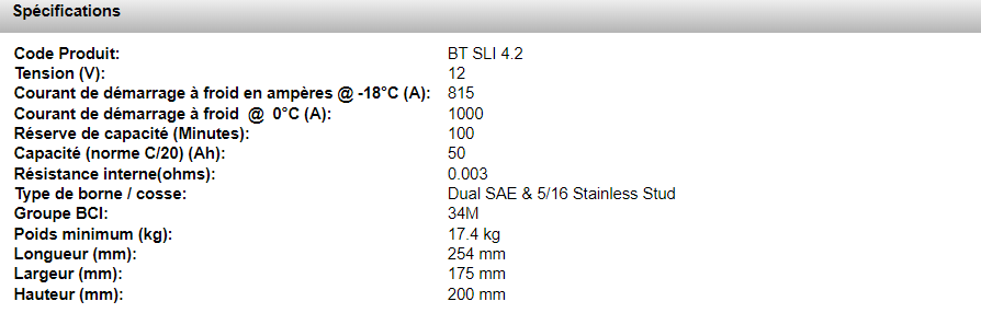 Caractéristiques des batteries Optima Bleue BT SLI 4.2