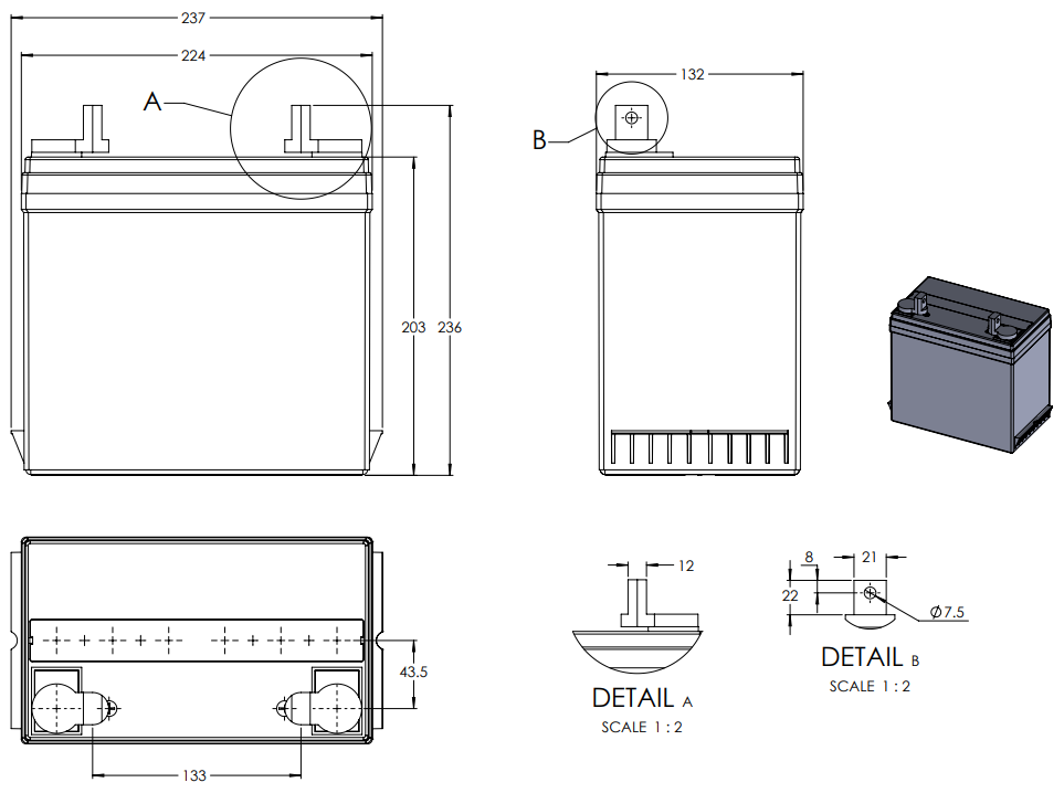 Dimensions Batterie AGM deep cycle Victron 12V 60Ah