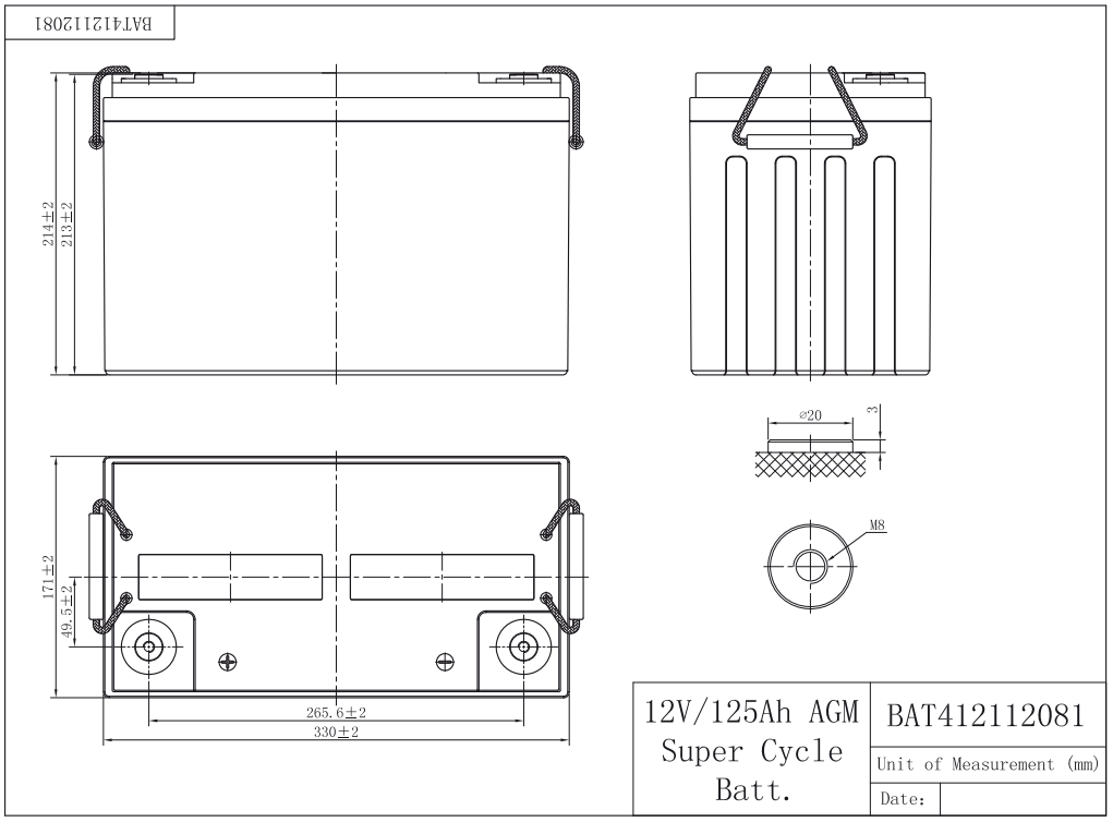 Dimensions Batterie AGM super cycle Victron 12V 125Ah