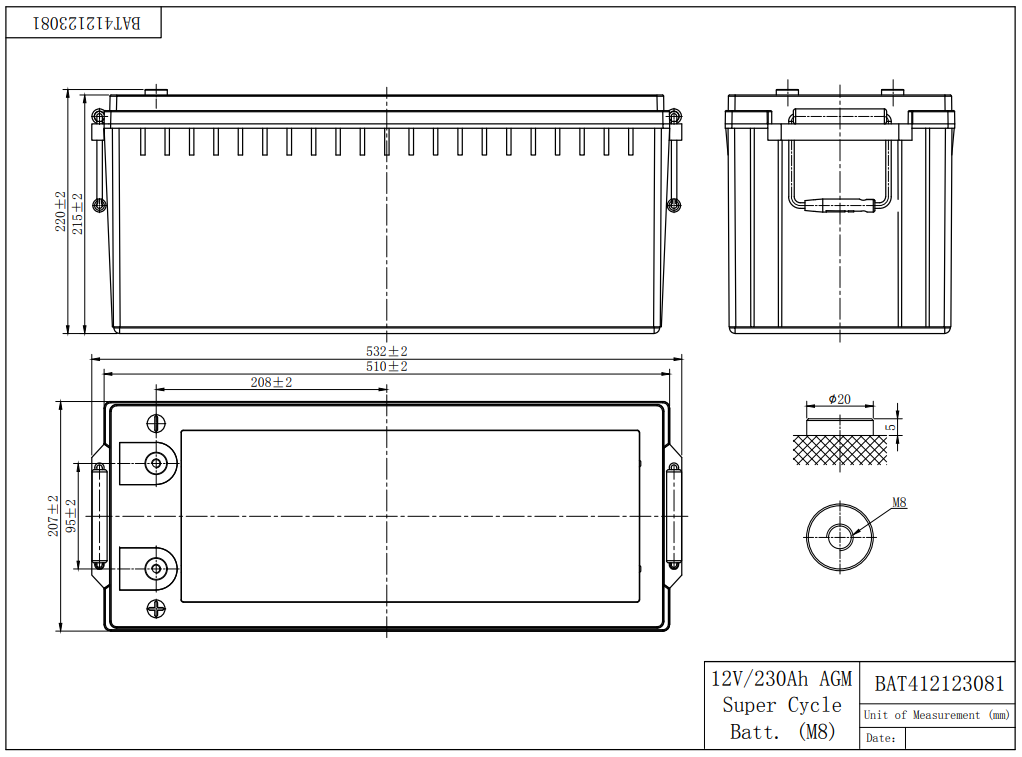 Dimensions Batterie AGM super cycle Victron 12V 230Ah