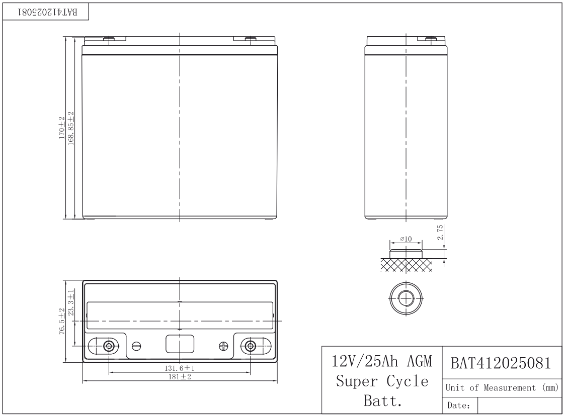 Dimensions Batterie AGM super cycle Victron 12V 25Ah