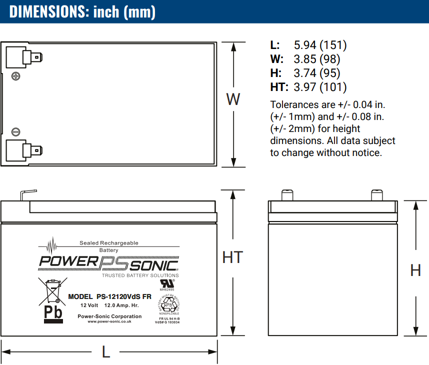 Dimensions Batterie Power Sonic PS-12120 F1