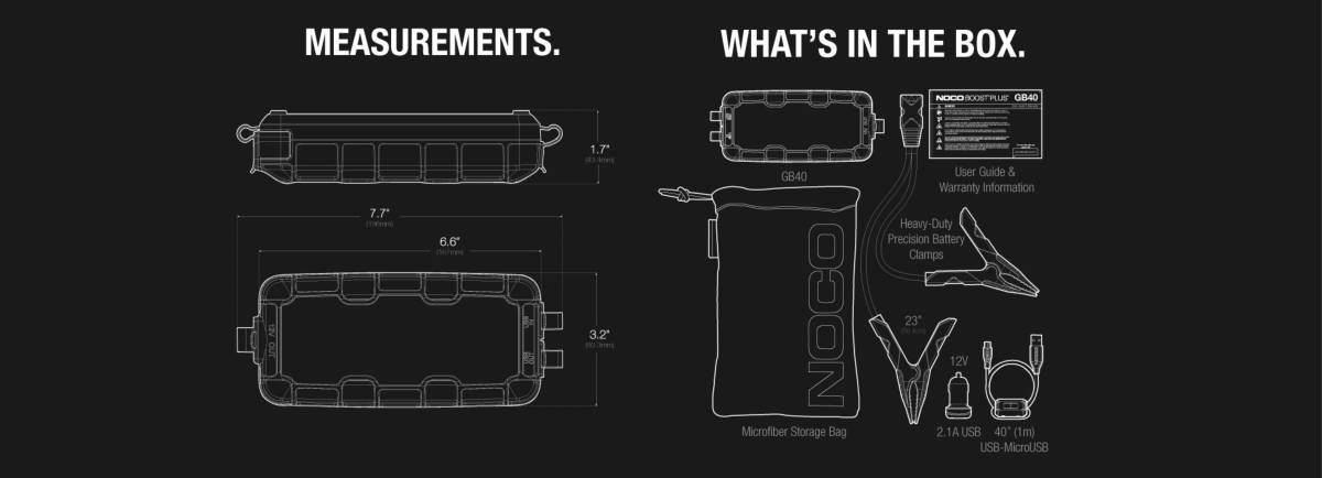 Dimension & contenu Booster de batterie Noco GB40