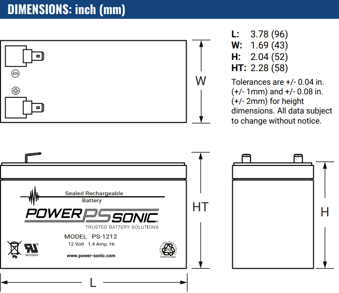 Dimensions Batterie Power Sonic PS-1212 F1