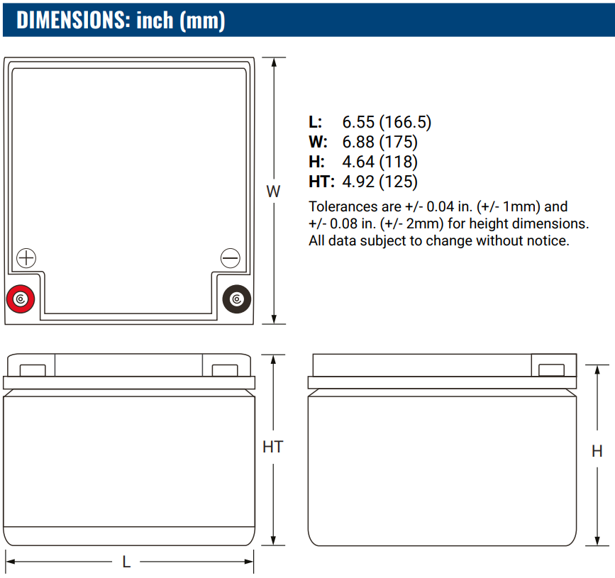 Dimensions Batterie Power Sonic PS-12260 T12