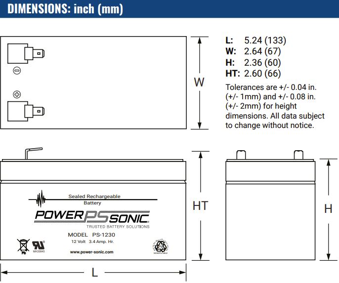 Dimensions Batterie Power Sonic PS-1230 F1