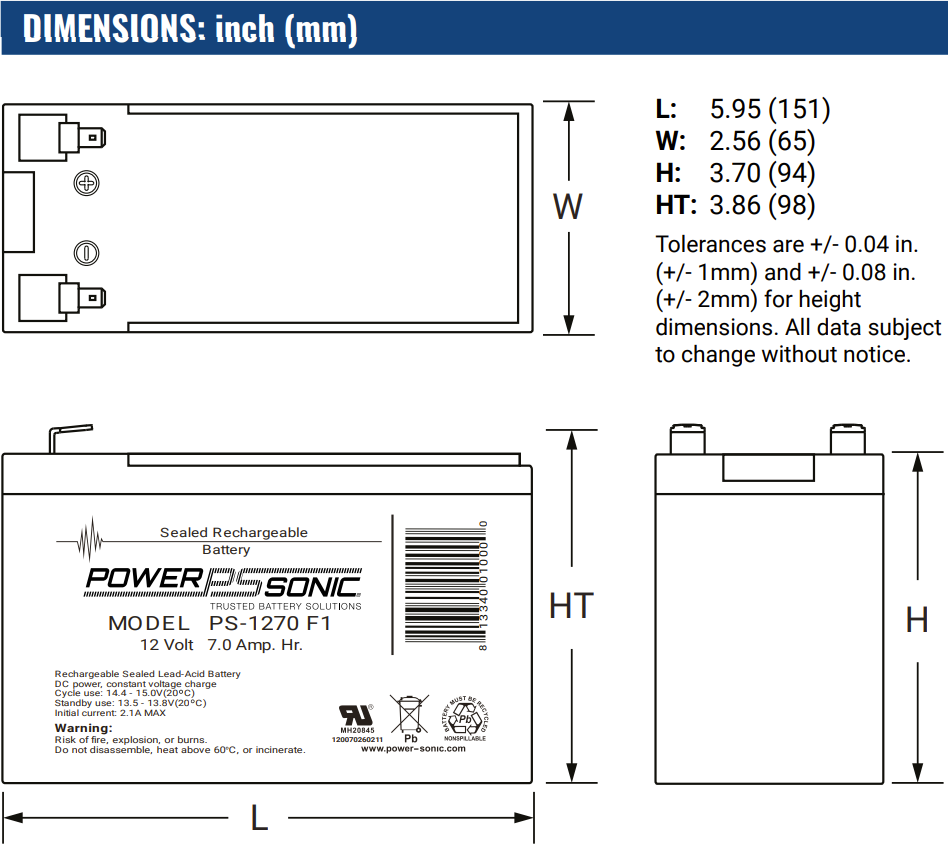 Dimensions Batterie Power Sonic PS-1270 F1