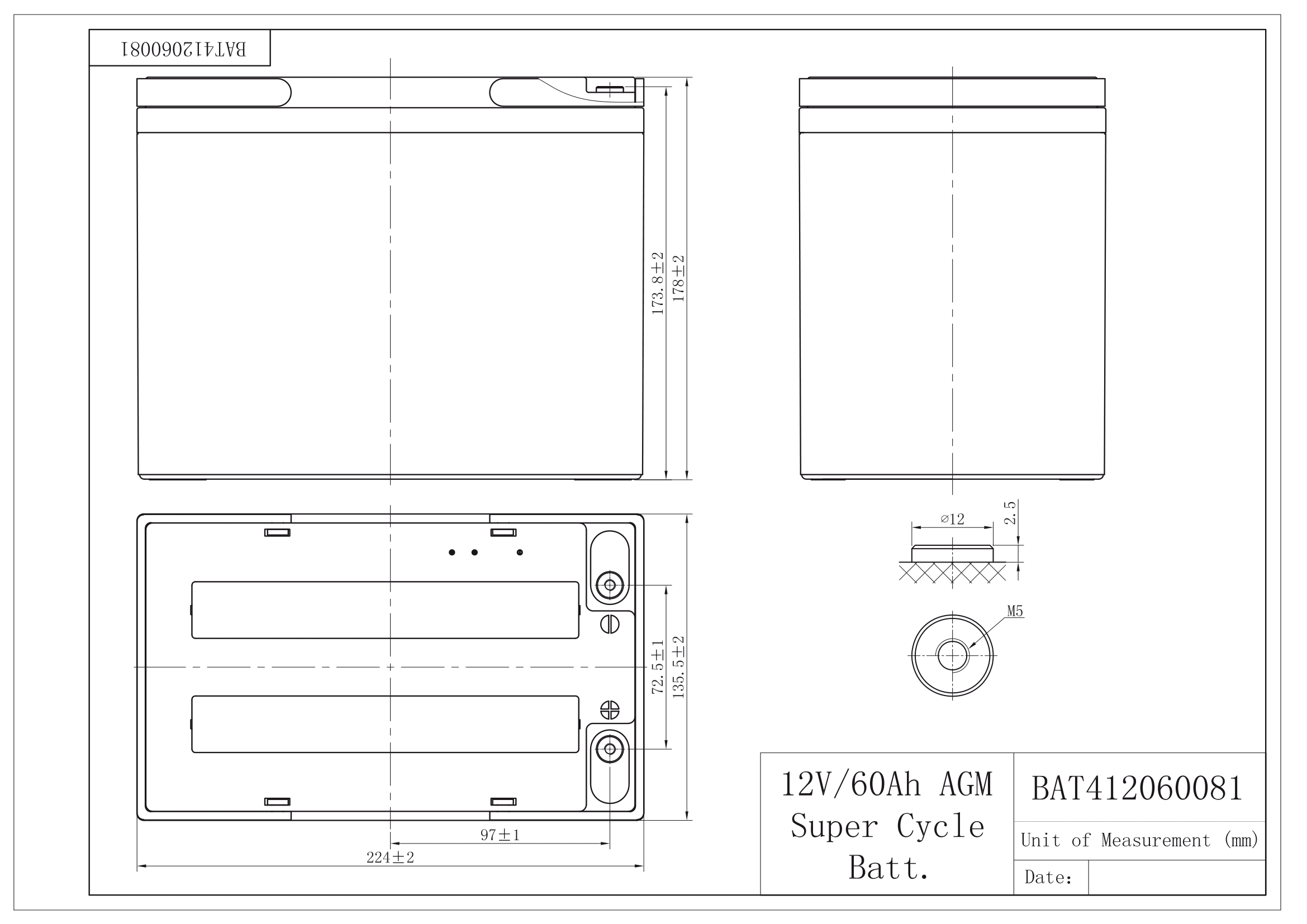 Dimensions Batterie AGM super cycle Victron 12V 60Ah
